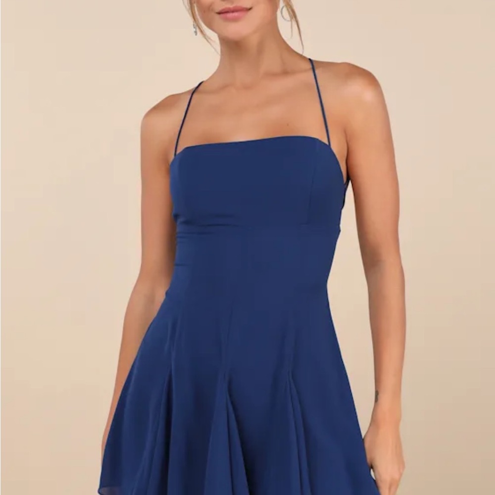 Lulu's “Perfected Sweetness Dark Blue Pleated Tiered Mini Dress”